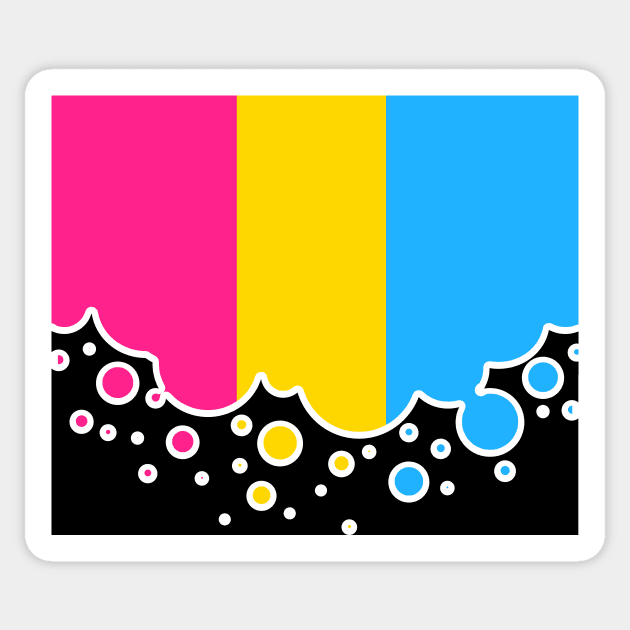 Pan Pride Flag Falling Bubbles Silhouette on Black Sticker by VernenInk